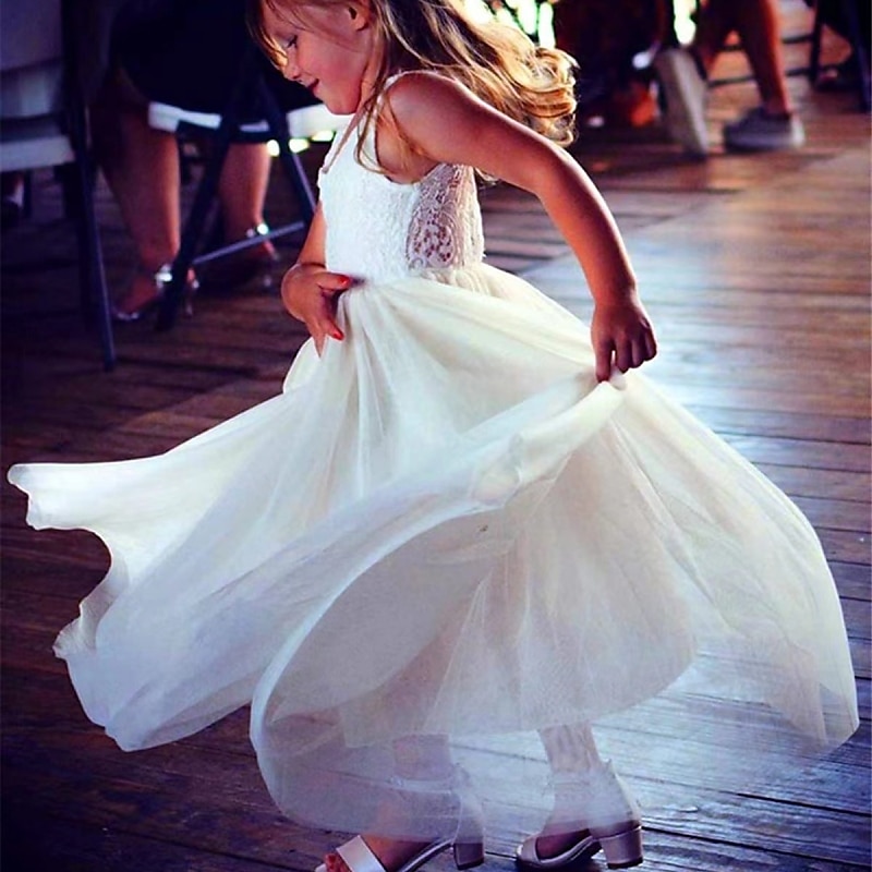 Blumenmädchenkleid Mädchen Party Kleid Leistung Hochzeit Party Prinzessin Süß Gitter Feste Farbe Ärmellos Rundhalsausschnitt Weiß Rosa 2-12 Jahre 2025 - $34.99 –P14
