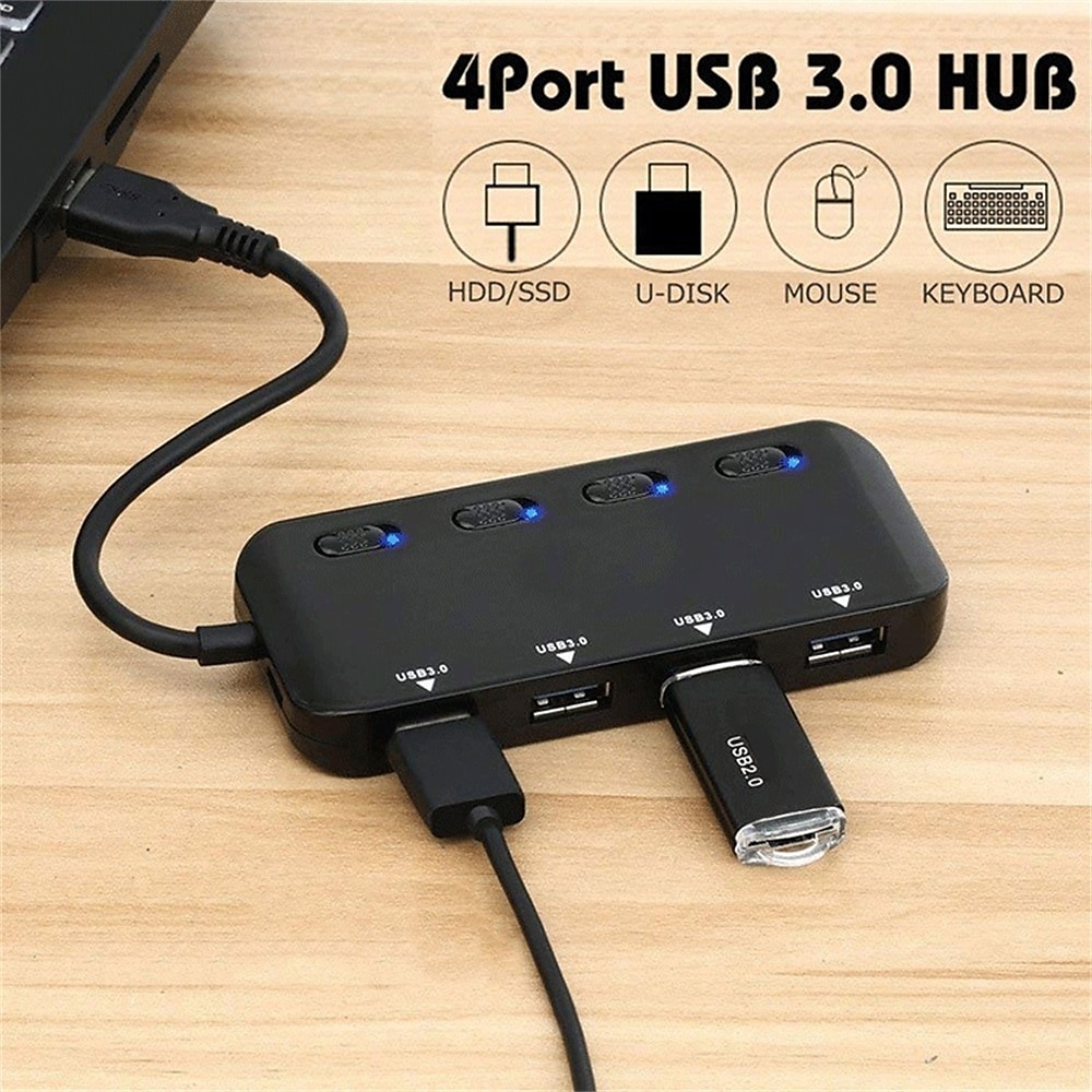4-портовый концентратор USB 3.0 с отдельными светодиодными выключателями питания Портативный концентратор данных, совместимый с разветвителем передачи 2025 - $24.99 –P2