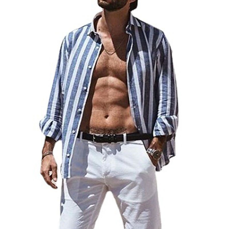 Herren Hemd Sommerhemd Lässiges Hemd Strandhemd Knopfhemd Gestreifte Hemden Rosa Blau Langarm Streifen Kargen Urlaub Täglich Bekleidung Baumwolle Baumwollmischung Modisch Brautkleider schlicht 2025 - $23.99 –P3