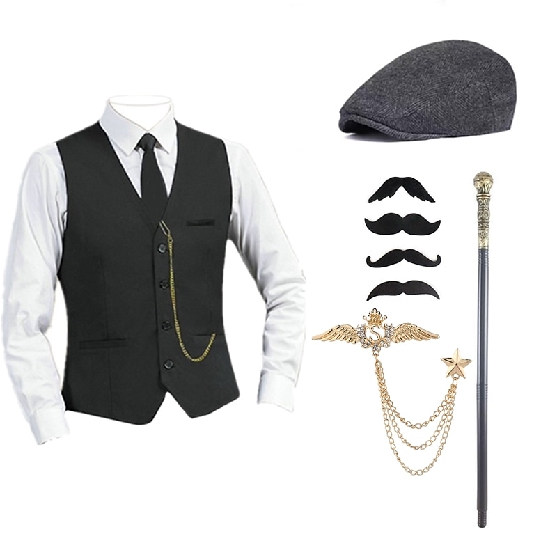 Mens 1920s Gangster Outfit Vest with Accessories Set 5 Pcs Retro Vintage Roaring 20s Theme Party Cosplay Costume Panama Hat Beard Brooch Cane 2026 - $57.99 –P6