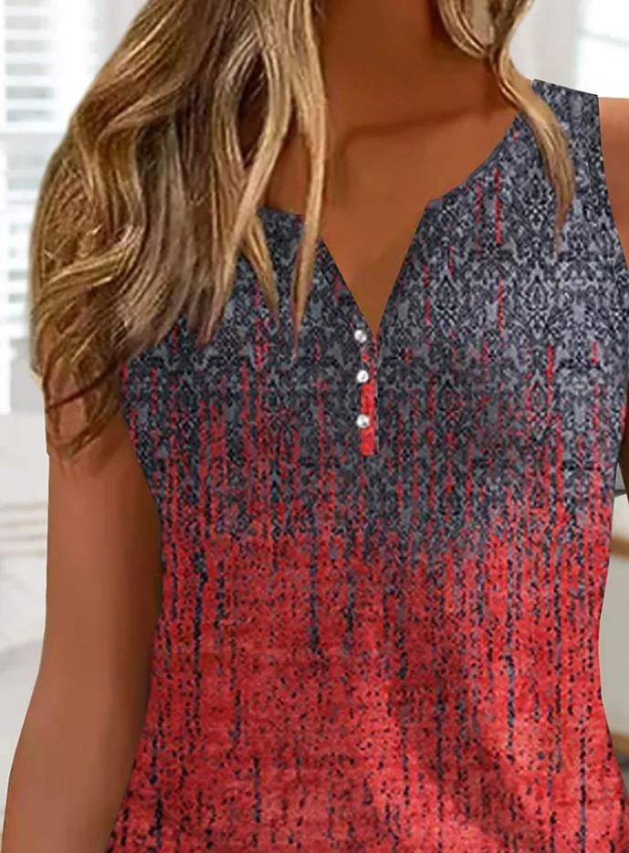 Damernas linne topp aktiv casual ombre tryck ärmlös vanlig topp V-hals casual daglig svart vinröd sommar 2025 - $19.99 -P5