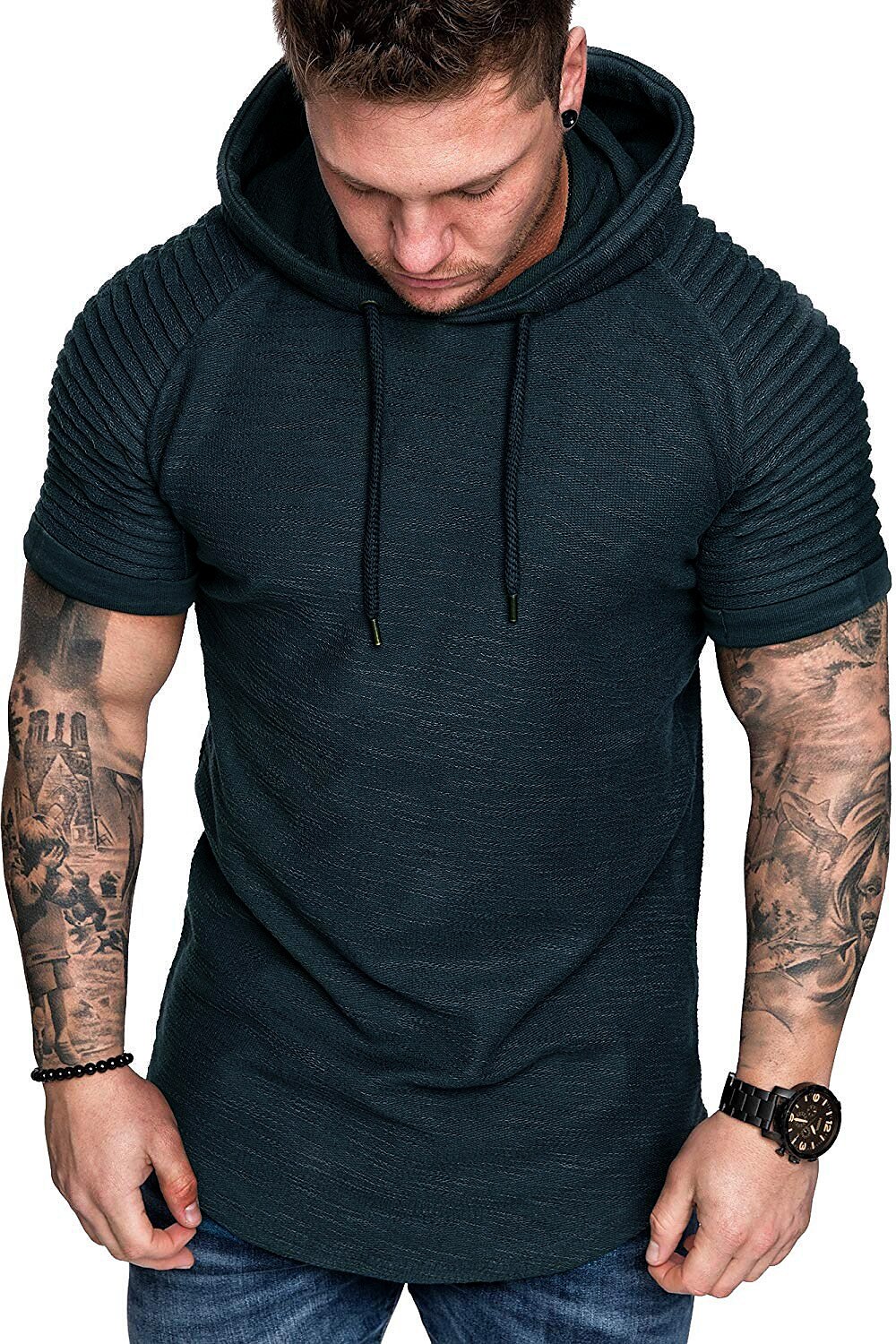 Hombre Camiseta Camiseta superior Mangas cortas Con Capucha Verano Plano delgado plisado Moda Deportes Básico Vacaciones Calle Noche Negro Blanco Azul Marino Camiseta superior para hombre 2025 - $16.99 –P15