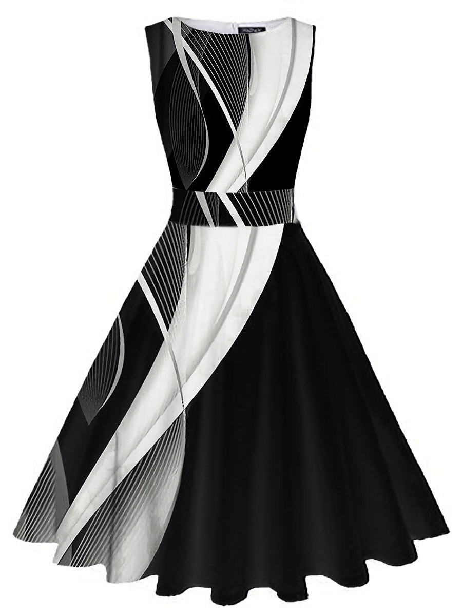 naisten retro 1950-luvun vintage teemekot midi-mekko päivittäinen päivämäärä ruched print muistiinpano pyöreä kaula hihaton ohut kesä kevät 2023 musta valkoinen s m l xl 2025 - $25.99 –P1