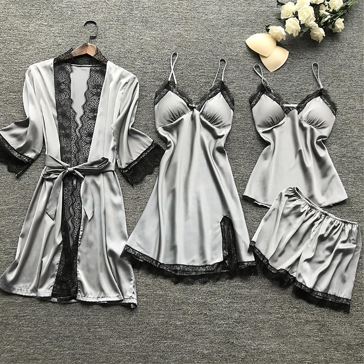 pyjamasset för kvinnor 4 stycken ren färg enkel avslappnad mjuk hem daglig säng polyester andas v wire långärmad dräkt topp shorts resår midja sommar vår hem outfits 2025 - $25.99 –P1