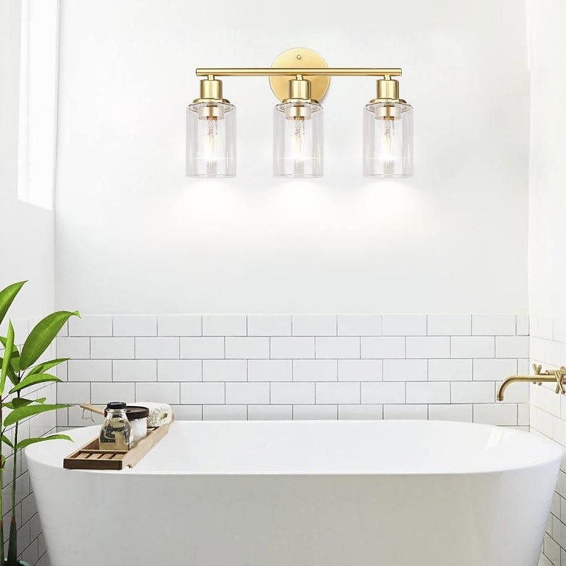 éclairage de salle de bain vanité lumière 3 lumières applique murale éclairage en laiton brossé salle de bain lumière avec abat-jour en verre clair salle de bain applique murale applique murale pour de 2025 ? $141.99 –P18