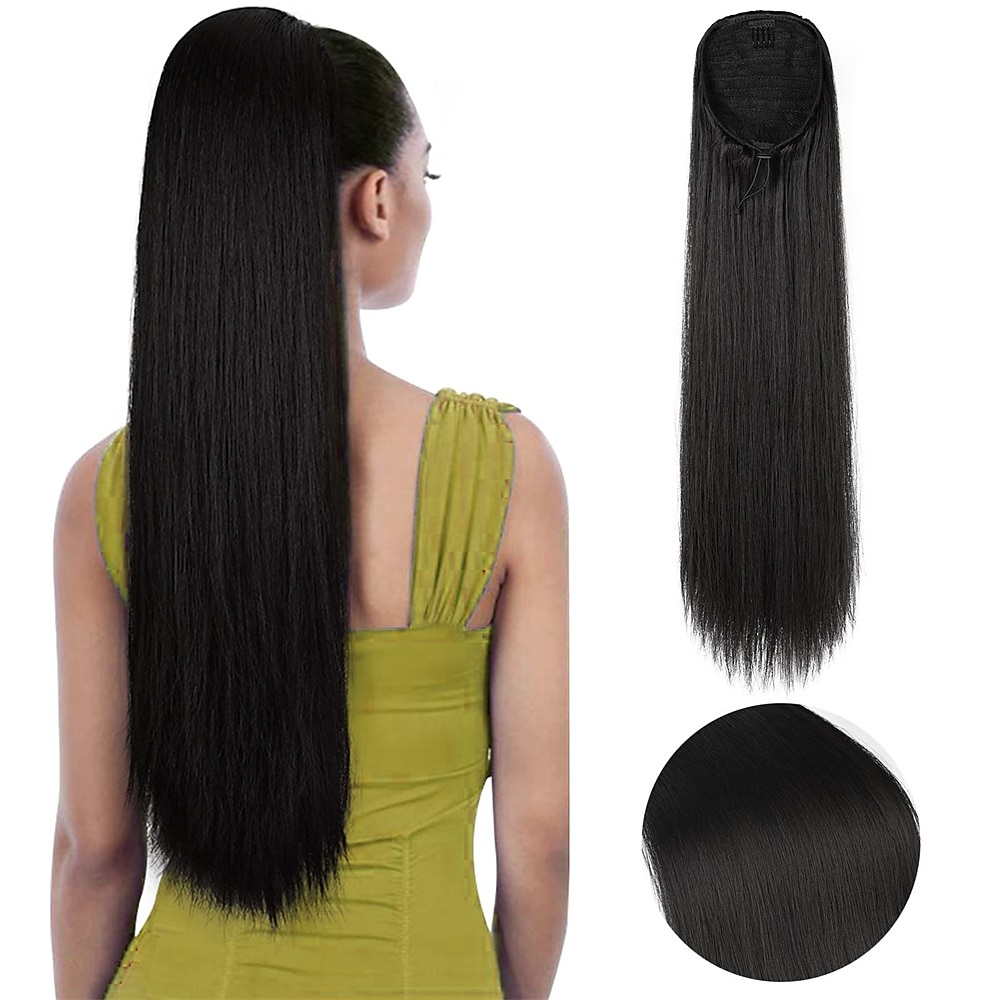 28 extensions de queue de cheval cordon long et droit faux queue de cheval clip doux naturel dans l'extension de cheveux synthétique résistant à la chaleur postiche de 2025 ? $14.99 –P1
