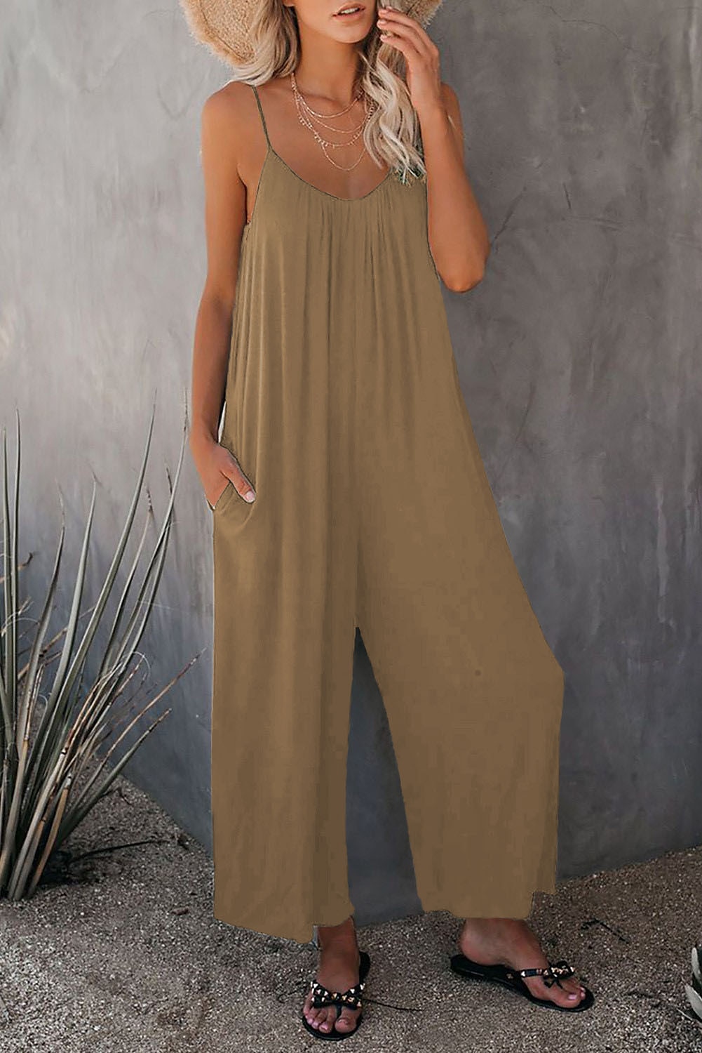 női jumpsuit egyszínű v nyak ünnepnapi kirándulás széles lábszár laza spagetti pántos khaki 3xl nyári 2025 - $24.99 –P6