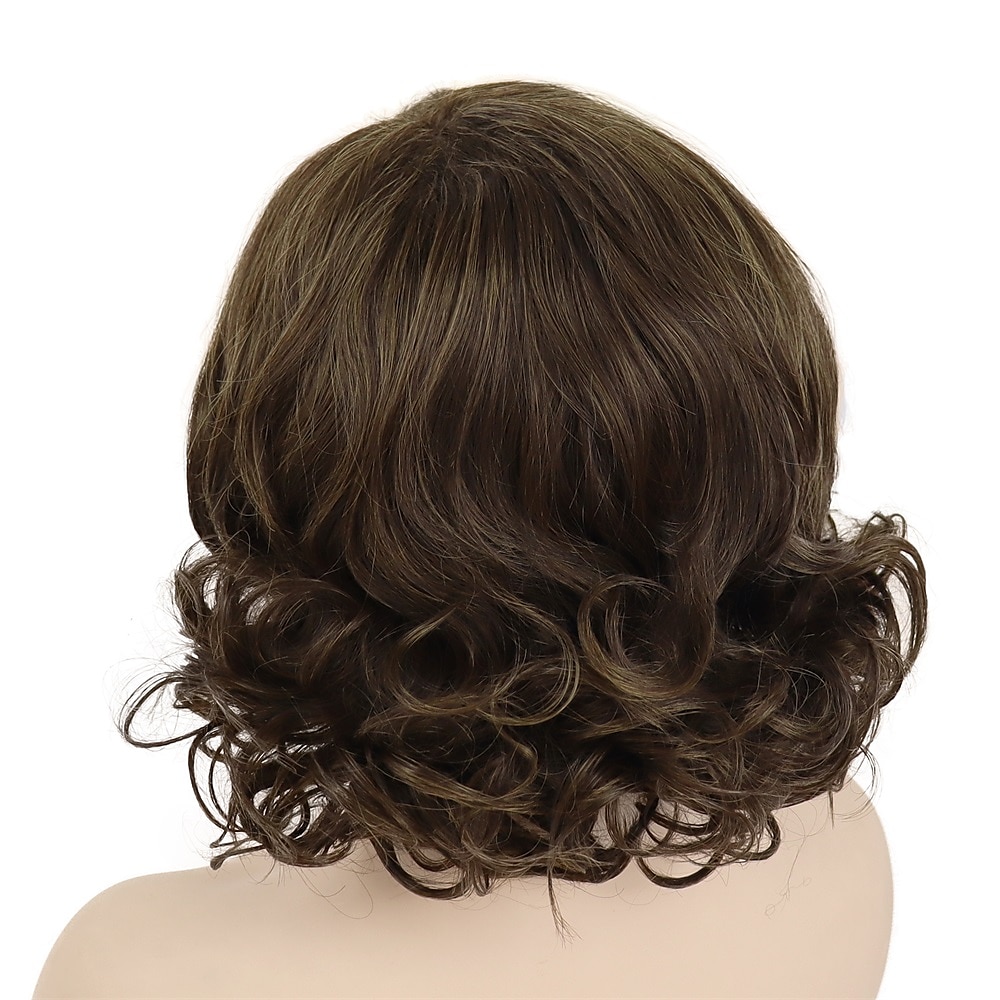 dames korte pruiken synthetisch haar mix bruin kapsel krullende pruiken bob mama pruik natuurlijke highlight pruiken met pony aan de zijkant 2025 - $21.99 –P3