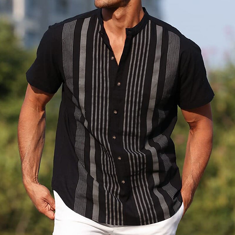 Men's Cotton Linen Shirt Chinese Collar Shirt Mandarin Collar Shirt Summer Shirt Casual Shirt Beach Shirt Stripe Vacation Casual Black White Light Blue Short Sleeve Grandad Collar Summer Clothing 2025 - $21.99 –P6