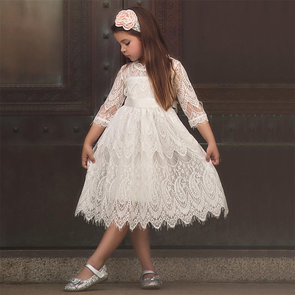 Quarter Sleeve White Lace Dress for Girls