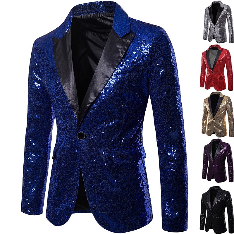 Herr Kavaj Prestanda Cocktailfest Punkmode Vår Höst Paljett Ensfärgat Ficka Skinande Enkelknäppt med Ett Knapphål Blazer Silver Svart Rubinrött Blå 2025 - $58.99 –P5