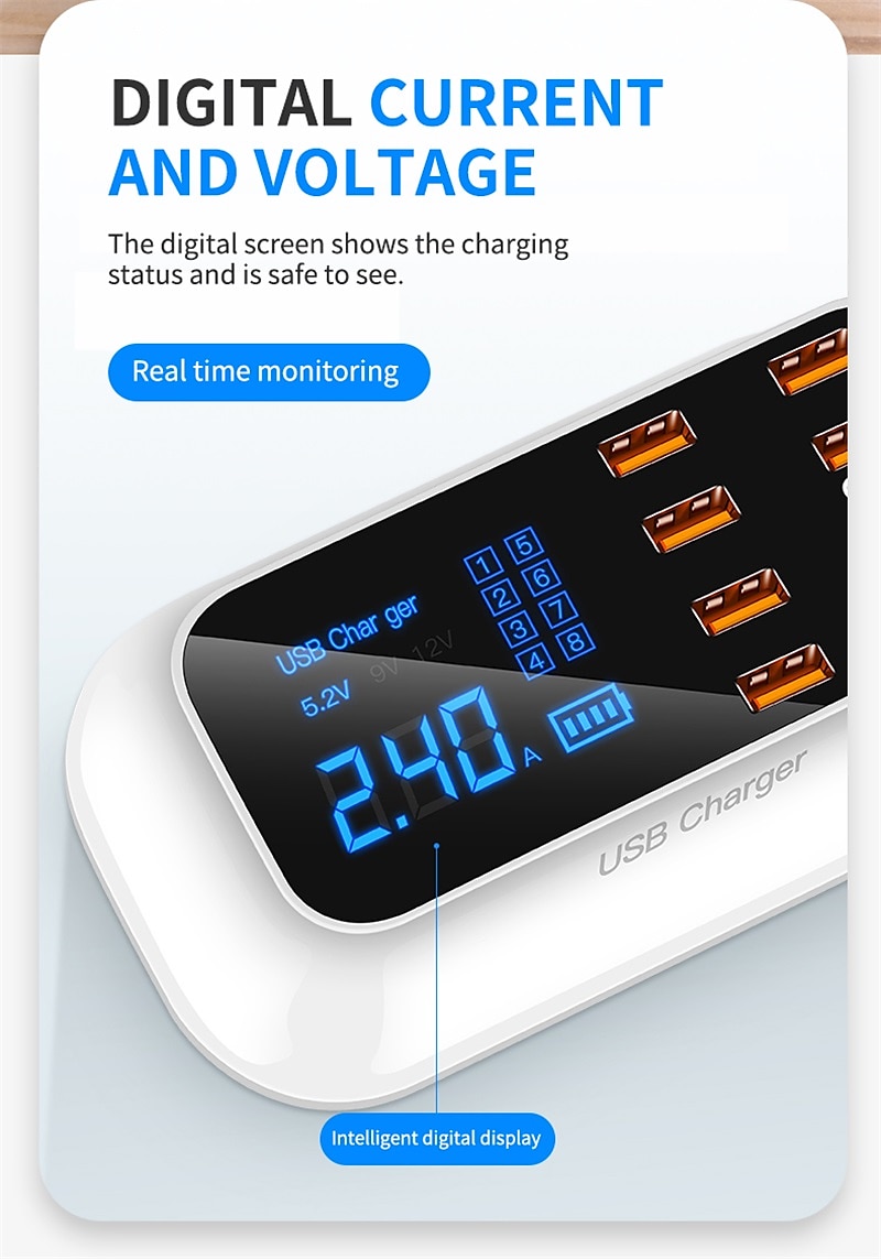 8USB Mobile Phone Fast Charging Digital Display QC3.0 Flash Charging Fast Multi-function PD Fast Charging Multi-port Charger With Display 2025 - $51.99 –P7