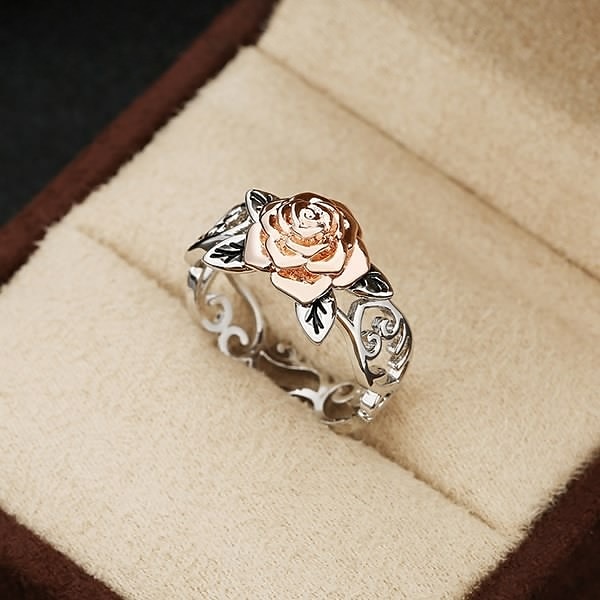 Bague fleur en or rose 14 carats bague de fiançailles fendue en argent 925 plaqué vintage européen et américain de 2025 ? $17.49 –P1