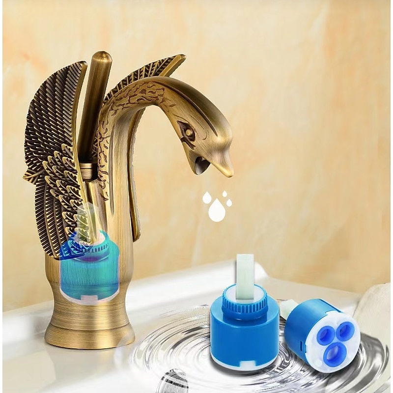torneira misturadora de pia de banheiro vintage forma de cisne de latão, torneiras de lavatório monobloco alça única um furo montado no convés, mono torneira de vaso de água quente e fria mangueira retrô antigo de 2025 por $121.99 –P4