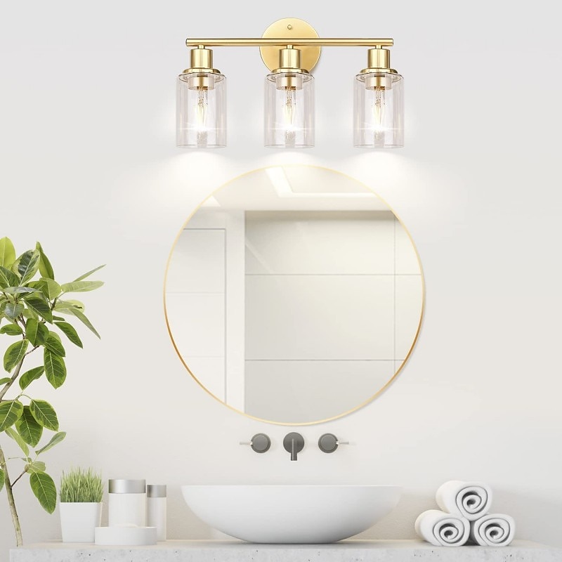 éclairage de salle de bain vanité lumière 3 lumières applique murale éclairage en laiton brossé salle de bain lumière avec abat-jour en verre clair salle de bain applique murale applique murale pour de 2025 ? $141.99 –P15