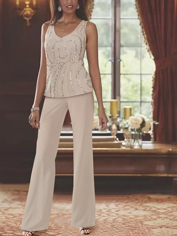 Jumpsuit de mariage plage  costume 3 pièces mère de la mariée invitée de mariage formelle élégante luxueuse décolleté en V longueur sol chiffon dentelle sans manches wrap inclus avec perles paillettes de 2025 ? $179.99 –P2