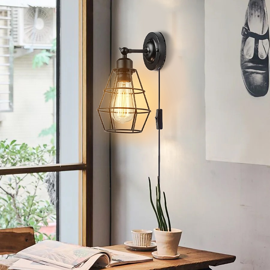led vägglampa plug-in trådbur vägglampa industriell vägglampa med sladd rustik vägglampa på/av-brytare retro vägglampa för sänggavel sovrum 2026 - $68.95 –P3