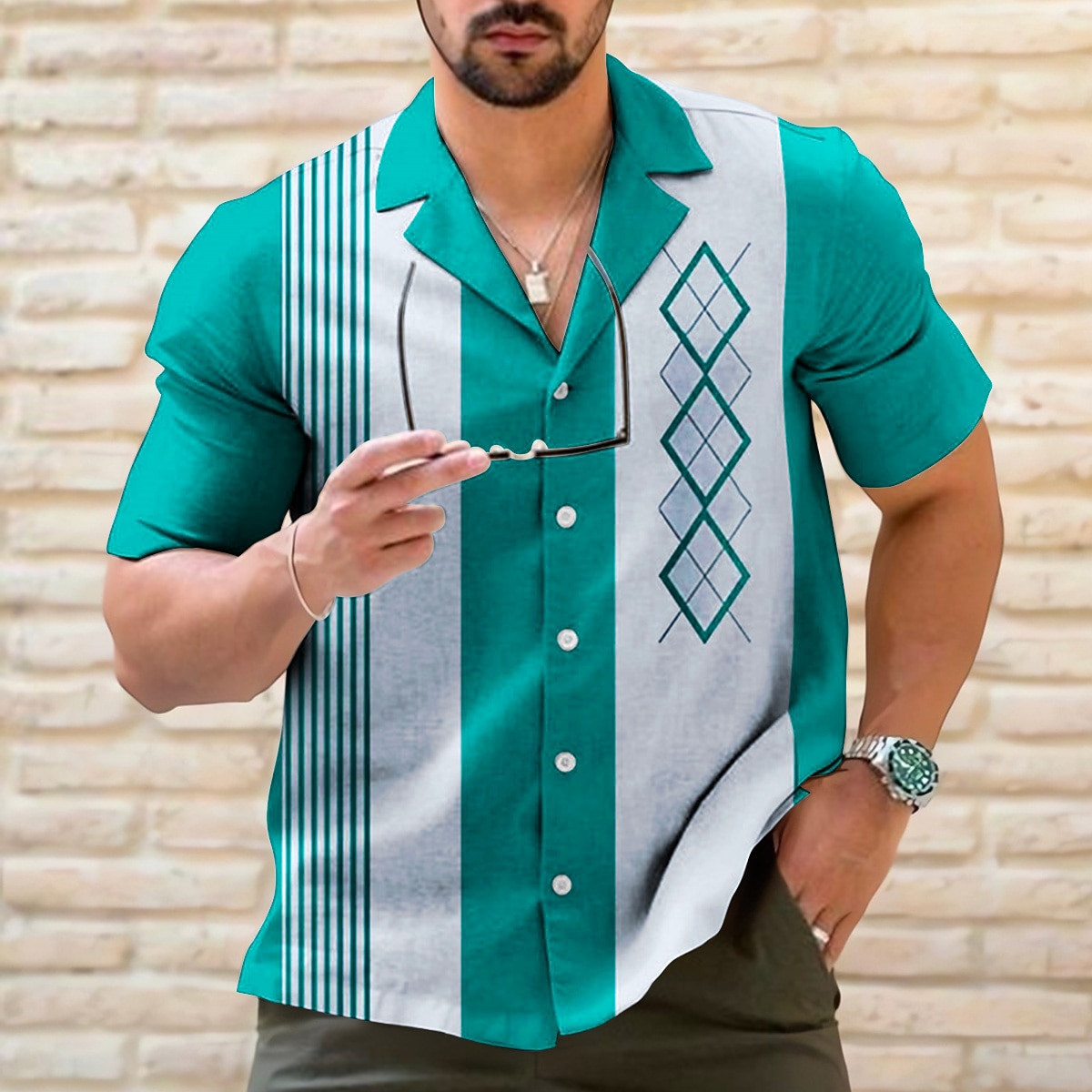 Herren Gestreift Geometrische Muster Geometrie Hemd Bowling-Shirt Knopfhemd Kurzarm Sport Modisch Strassenmode Outdoor Casual Festtage Sommer Frühling Kubanisches Halsband Bedruckt Schwarz Hellgrün 2026 - $25.99 –P5
