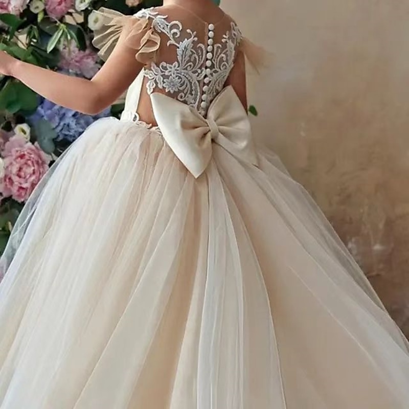Flower Girl Dress Girls' First Communion Dress Party Dress Performance Wedding Party Princess Sweet Mesh Solid Color Sleeveless Crew Neck White Champagne 2-12 Years 2025 - $65.99 –P7