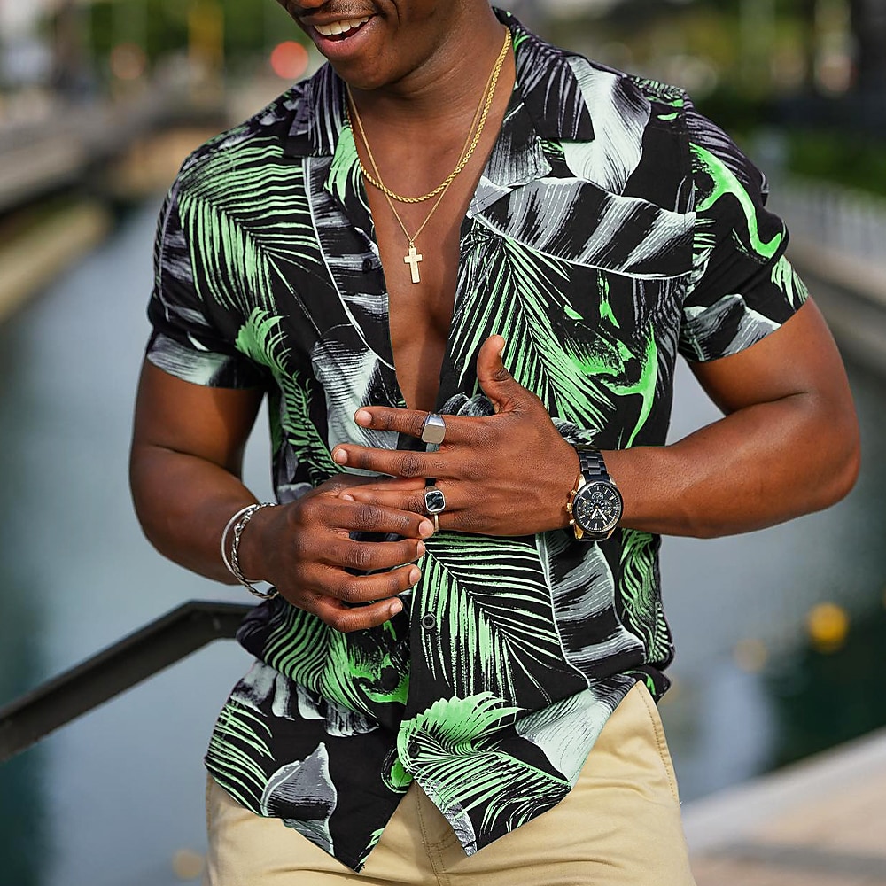 Men's Leaves Tropical Plants Shirt Summer Hawaiian Shirt Aloha Shirt Short Sleeve Shirt Cuban Collar Sports Fashion Streetwear Outdoor Casual Hawaiian Black Yellow Red S M L 2025 - $22.99 –P5