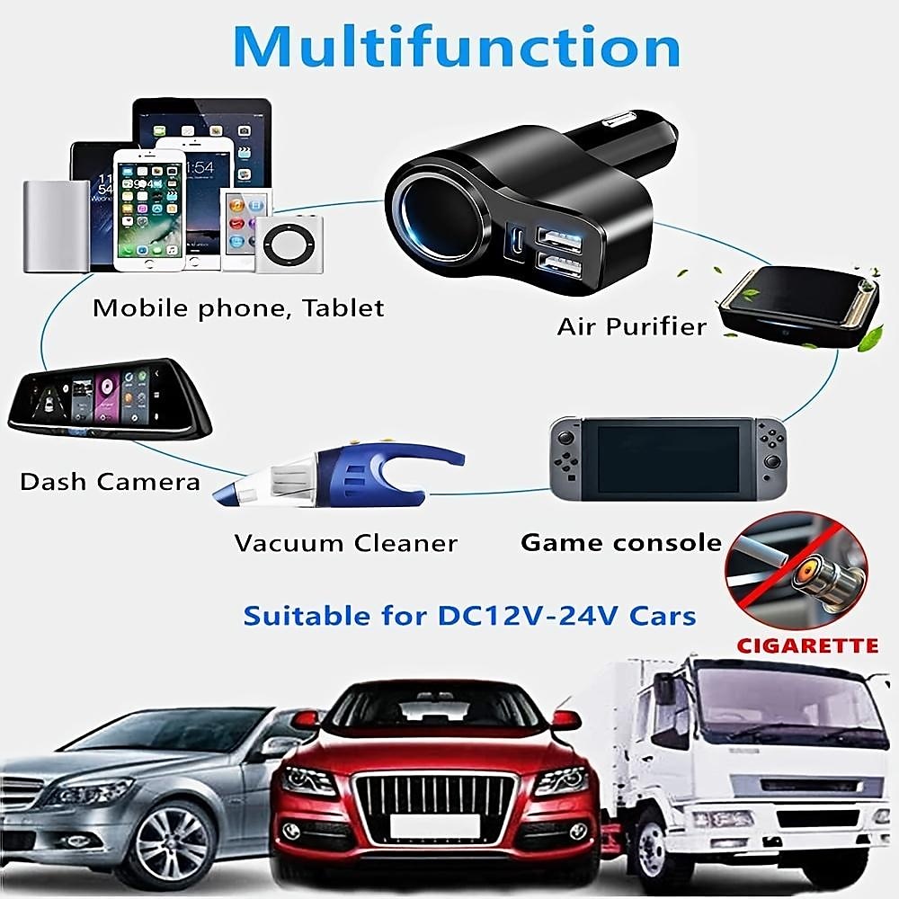 Usb Splitter For Car, 4 In 1 USB C Car Charger, 36W Multi USB Cigarette Lighter Adapter Socket Splitter With 3 USB Ports,12V/24V Dual USB Type C PD Fast Car Charger Adapter 2025 - $31.99 –P8