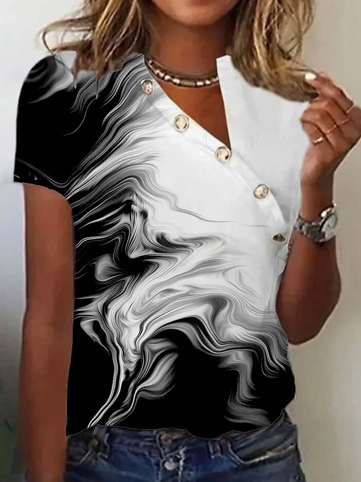 Dames T-shirt Hart Grafisch Basic Korte mouw V-hals Normale tops Dagelijks Weekend Knop Uitknippen Afdrukken Donkergrijs 2025 - $24.99 –P1