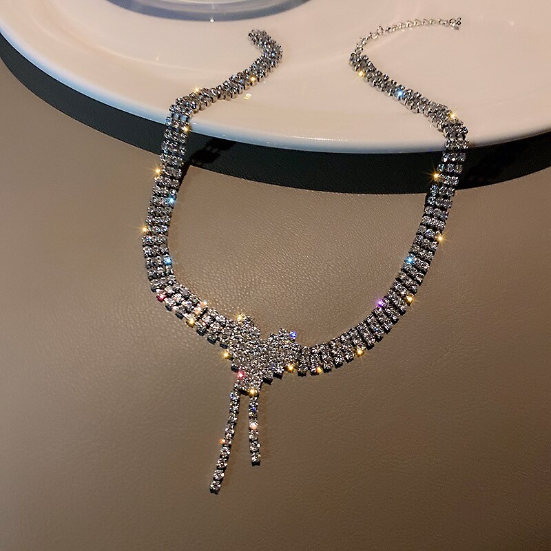 JEAIRTS Rhinestone Choker Necklace Silver Diamond Thailand