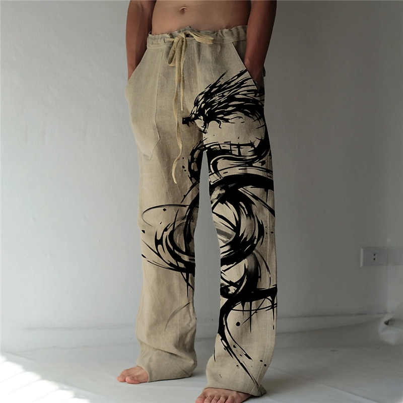 Women Loose Fit Elastic Drawstring Joggers Pants Dragon Print