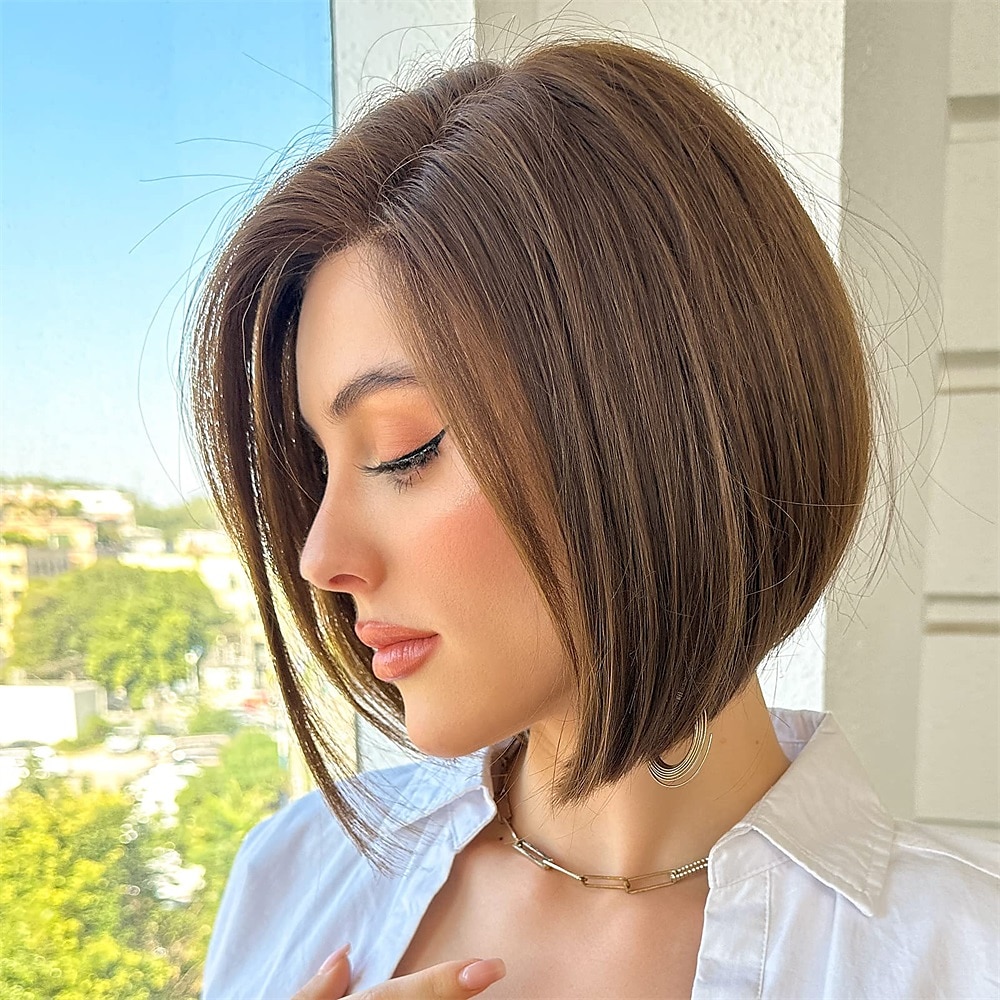 parrucche marroni per donna parrucca diritta in pizzo sintetico lunghezza spalla caschetto con riga laterale con capelli del bambino del 2025 a $24.99 –P7