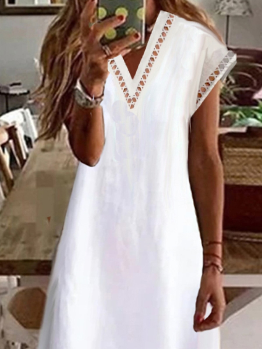 Women's Cotton Linen Dress Casual Dress Maxi long Dress Cotton And Linen Modern Casual Outdoor Vacation V Neck Patchwork Short Sleeve Summer Spring 2023 Regular Fit White Pure Color S M L XL 2XL 2023 - US $37.99 –P2