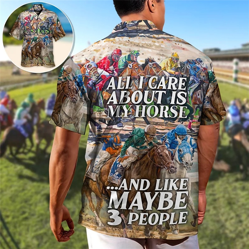 Kentucky Derby Herre Hest Øl Hesteveddeløp Skjorte Hawaii skjorte Skjorte med knapper Kortermet Sport Mote Gatemote utendørs Avslappet Hawaiisk Sommer Vår cubansk krage Trykt mønster Morsomme 2025 - $24.99 –P8