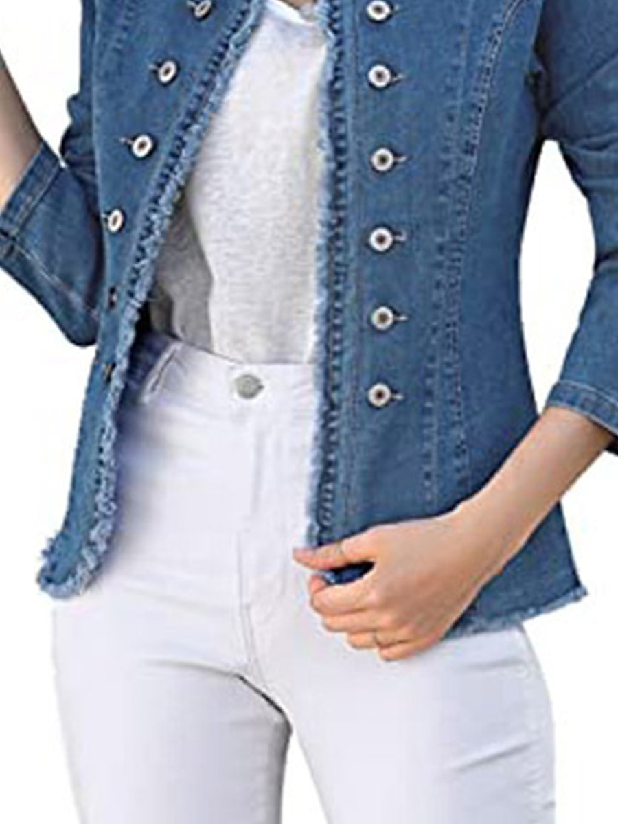 Women's Denim Jacket Outdoor clothing Button Plain Comfortable Streetwear Regular Fit Outerwear Long Sleeve Spring Blue S 2024 - $57.99 –P2