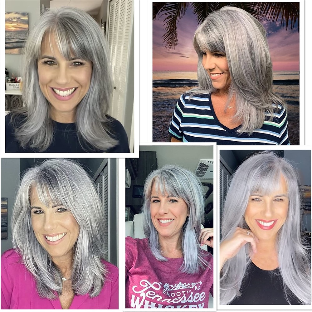 parrucche sintetiche a strati grigi per parrucca da donna bianca con frangia parte laterale a strati parrucca di capelli naturali ondulati grigio argento misto per parrucca grigia da festa quotidiana del 2025 a $24.99 –P3
