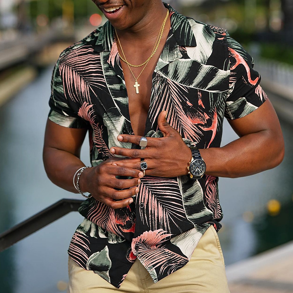 Men's Leaves Tropical Plants Shirt Summer Hawaiian Shirt Aloha Shirt Short Sleeve Shirt Cuban Collar Sports Fashion Streetwear Outdoor Casual Hawaiian Black Yellow Red S M L 2025 - $22.99 –P2