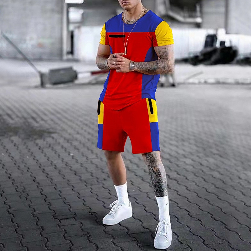 Men's Graphic Color Block 2pcs Tees sets Shorts and T Shirt Set T-Shirt Outfits Short Sleeve Crew Neck Designer Casual Comfortable Outdoor Vacation Daily 3D Print 2 Piece Spring & Summer Black White 2025 - $25.99 –P4