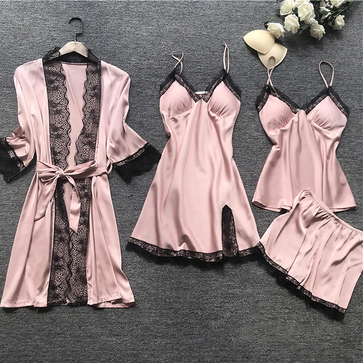 pyjamasset för kvinnor 4 stycken ren färg enkel avslappnad mjuk hem daglig säng polyester andas v wire långärmad dräkt topp shorts resår midja sommar vår hem outfits 2025 - $25.99 –P5
