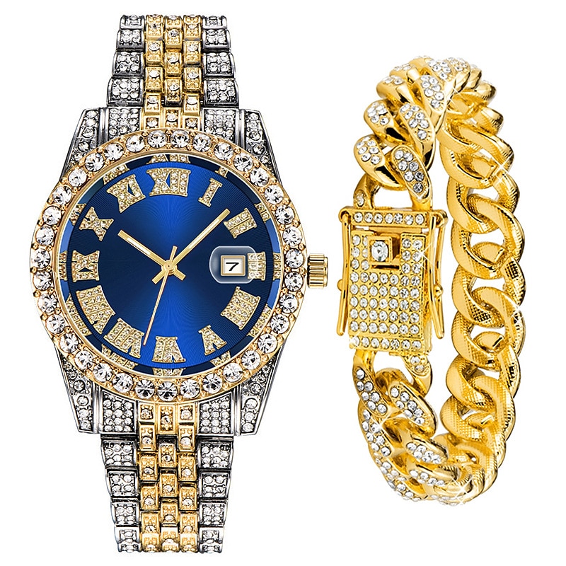 Men's Quartz Watch with Chain Bracelet Set Fashion Luxury Bling Diamond Hiphop Analog Men Quartz Wristwatch Calendar Waterproof Men's Watch 2025 - $19.99 –P8