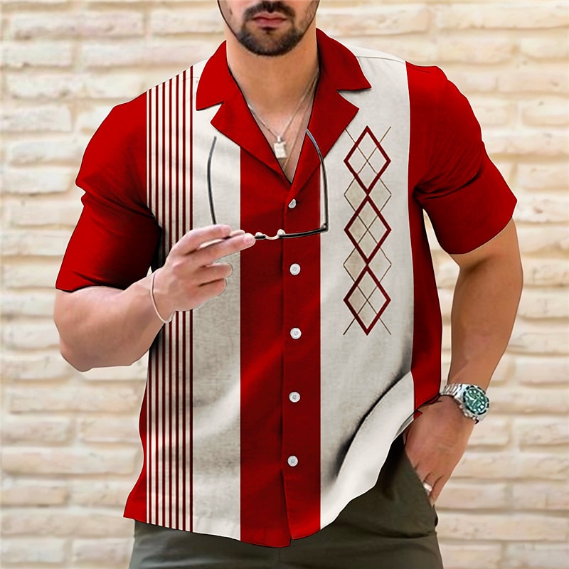 Herren Gestreift Geometrische Muster Geometrie Hemd Bowling-Shirt Knopfhemd Kurzarm Sport Modisch Strassenmode Outdoor Casual Festtage Sommer Frühling Kubanisches Halsband Bedruckt Schwarz Hellgrün 2026 - $25.99 –P2
