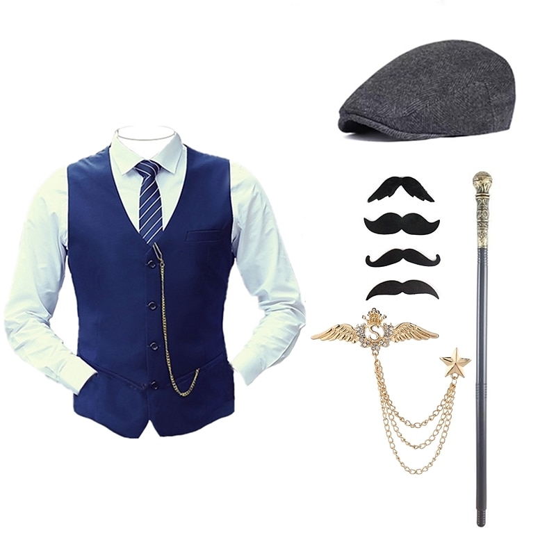 Mens 1920s Gangster Outfit Vest with Accessories Set 5 Pcs Retro Vintage Roaring 20s Theme Party Cosplay Costume Panama Hat Beard Brooch Cane 2026 - $57.99 –P7
