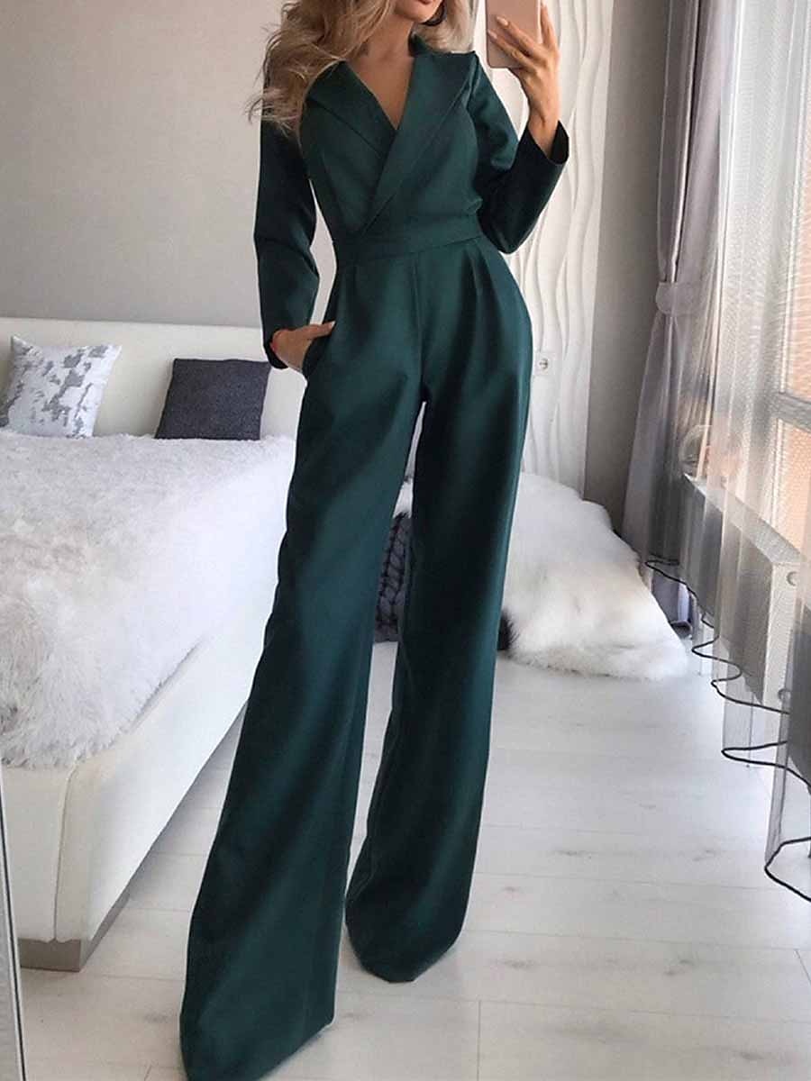 Clearance-Sale Fashion Women Long Sleeve Solid Comfortable Breathable V  Neck Jumpsuit(Wine,S) 