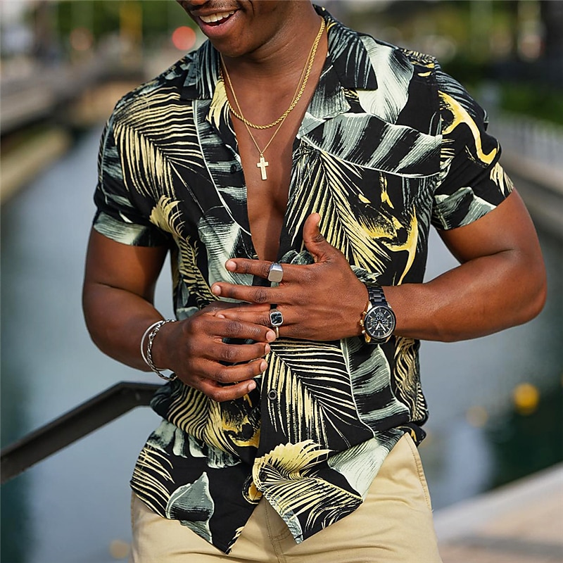 Men's Leaves Tropical Plants Shirt Summer Hawaiian Shirt Aloha Shirt Short Sleeve Shirt Cuban Collar Sports Fashion Streetwear Outdoor Casual Hawaiian Black Yellow Red S M L 2025 - $22.99 –P1