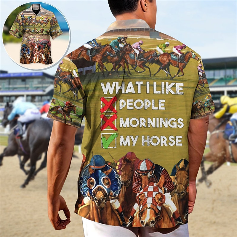 Kentucky Derby Herre Hest Øl Hesteveddeløp Skjorte Hawaii skjorte Skjorte med knapper Kortermet Sport Mote Gatemote utendørs Avslappet Hawaiisk Sommer Vår cubansk krage Trykt mønster Morsomme 2025 - $24.99 –P4