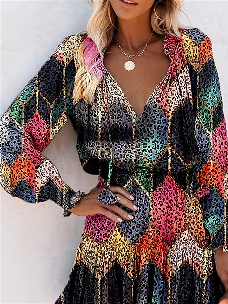 Dam Mini klänning Klänning med tryck Vårklänning Mode Modern Utomhus Semester Dagligen Lös passning Blommig Leopard Geometrisk Långärmad V-hals Svart Purpur Fuchsia Brun Sommar Vår Höst 2025 - $35.99 –P7
