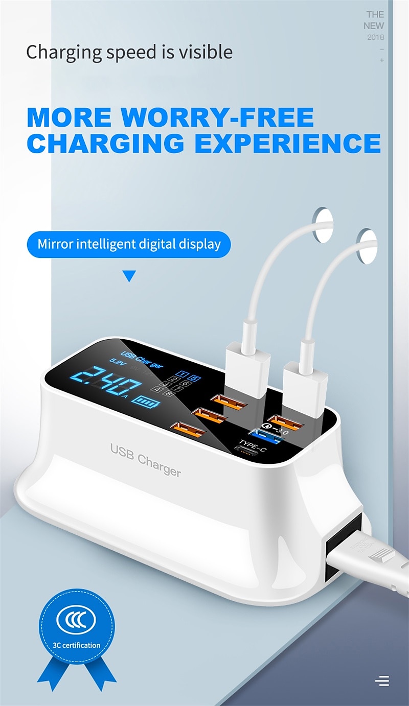 8USB Mobile Phone Fast Charging Digital Display QC3.0 Flash Charging Fast Multi-function PD Fast Charging Multi-port Charger With Display 2025 - $51.99 –P1