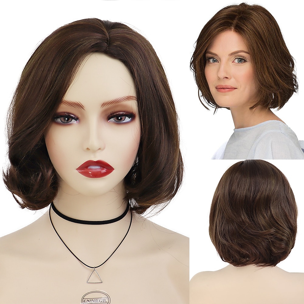 dames korte pruiken synthetisch haar mix bruin kapsel krullende pruiken bob mama pruik natuurlijke highlight pruiken met pony aan de zijkant 2025 - $21.99 –P5