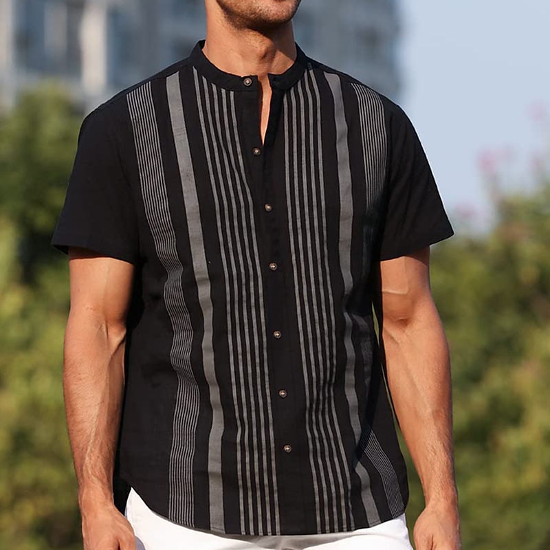 Men's Cotton Linen Shirt Chinese Collar Shirt Mandarin Collar Shirt Summer Shirt Casual Shirt Beach Shirt Stripe Vacation Casual Black White Light Blue Short Sleeve Grandad Collar Summer Clothing 2025 - $21.99 –P5