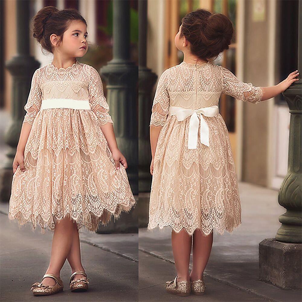 Quarter Sleeve White Lace Dress for Girls