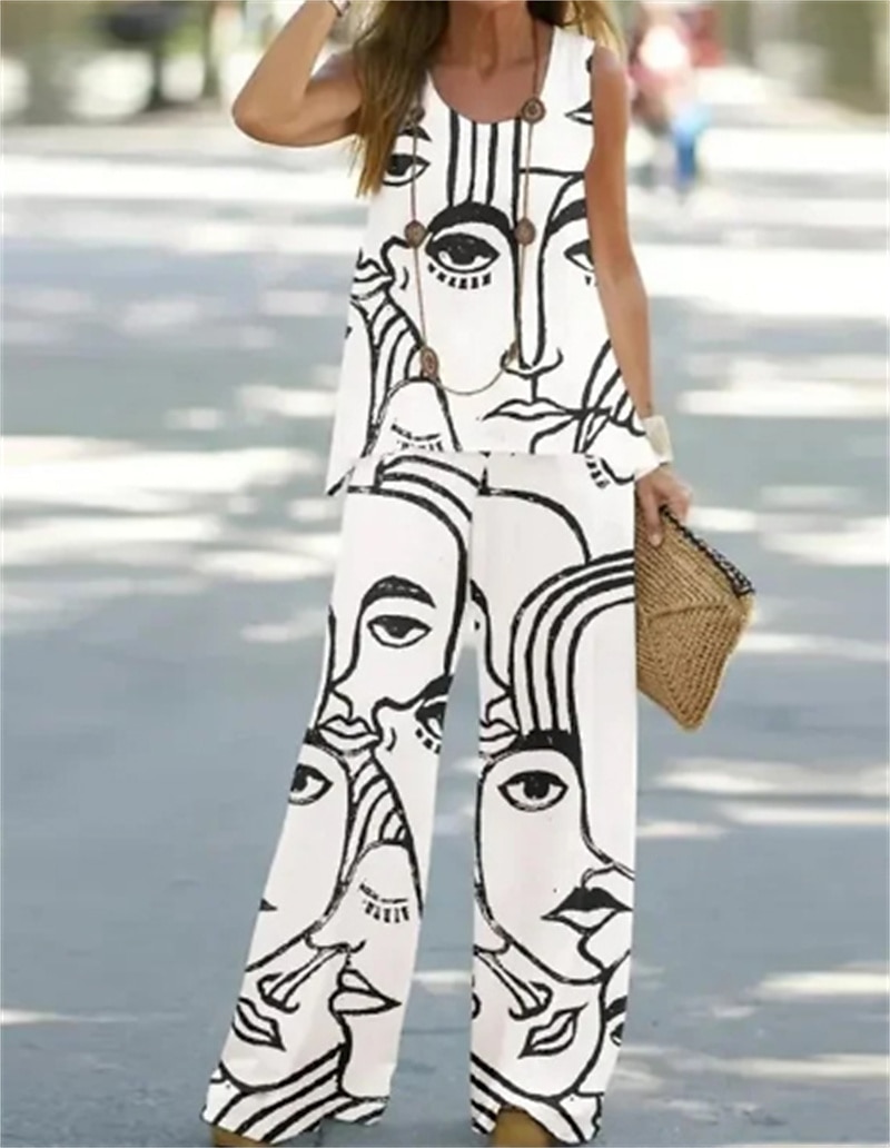 Damen Tank Top Hosen-Sets Porträt Schwarz Weiß Rote Bedruckt Ärmellos Casual Täglich Strassenmode U-Ausschnitt Regular Fit Herbst Winter 2025 - $24.99 –P2