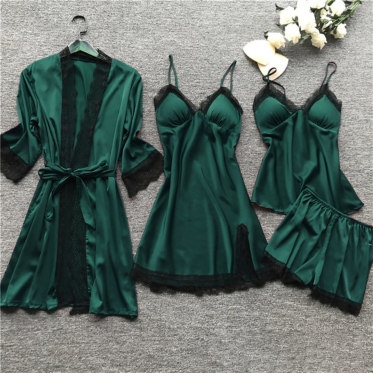 pyjamasset för kvinnor 4 stycken ren färg enkel avslappnad mjuk hem daglig säng polyester andas v wire långärmad dräkt topp shorts resår midja sommar vår hem outfits 2025 - $25.99 –P4