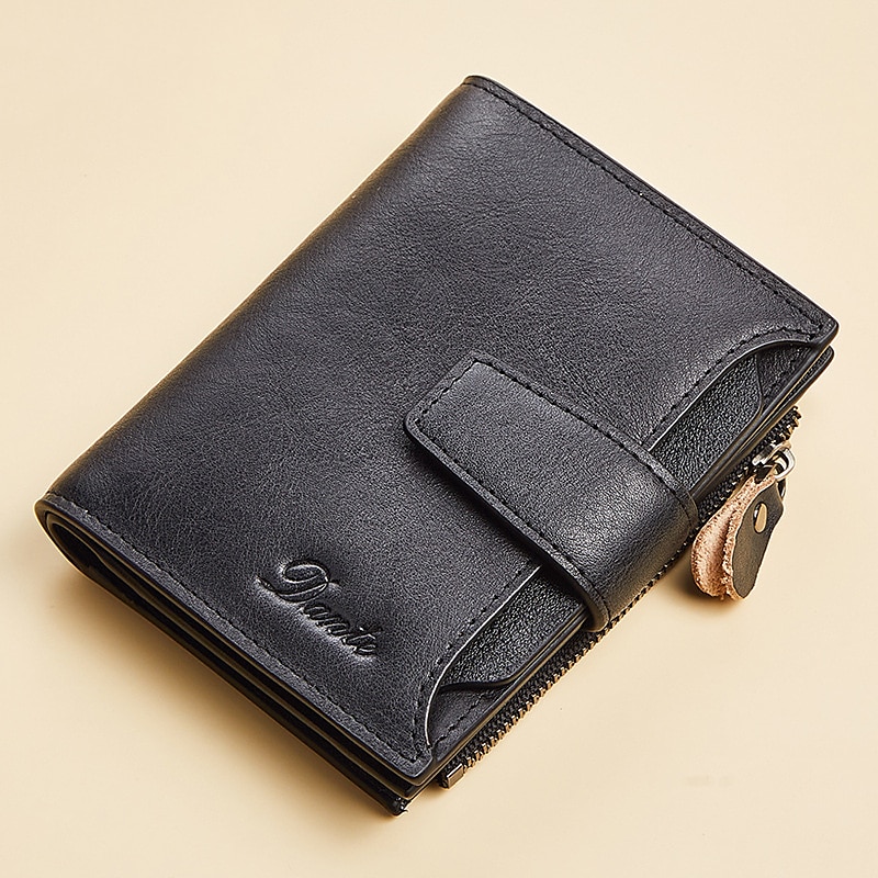 1pc Men's Vintage Short Genuine Leather Wallet Multi Function Purse RFID  Blocking Zipper ID Credit Card Holder Money Bag